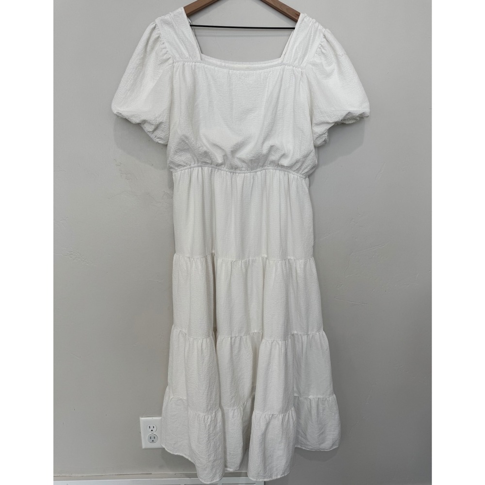 Leia n Co White Tiered Midi Dress Puff Sleeve Square Neck XL Cottagecore Bridal